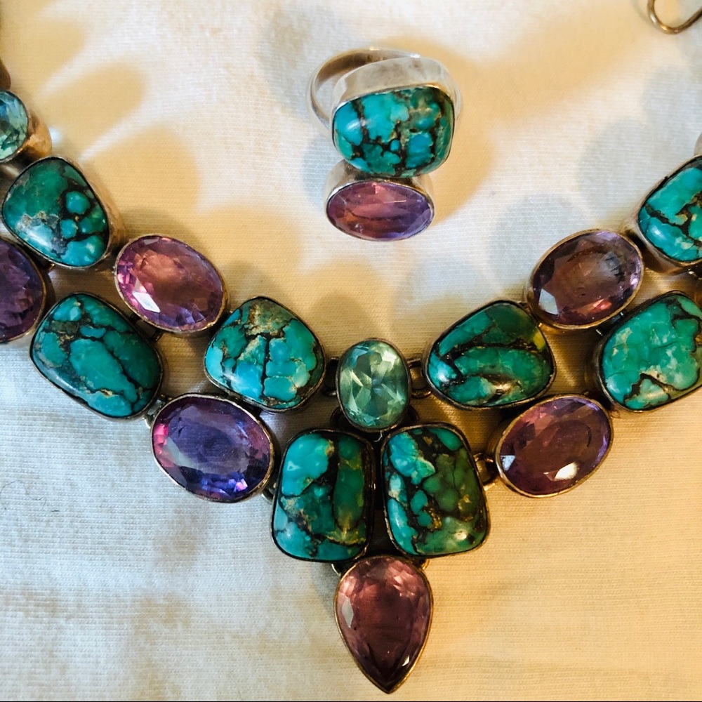 🇱🇰 amethyst, turquoise, aquamarine stmt necklace